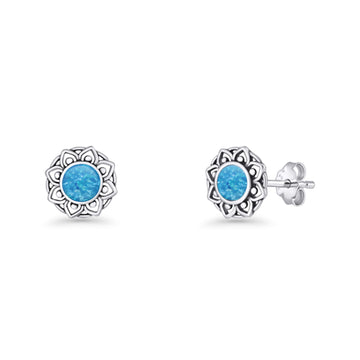 Sunflower Stud Earring 8.8mm Lab Created Blue Opal Oxidized 925 Sterling Silver Wholesale